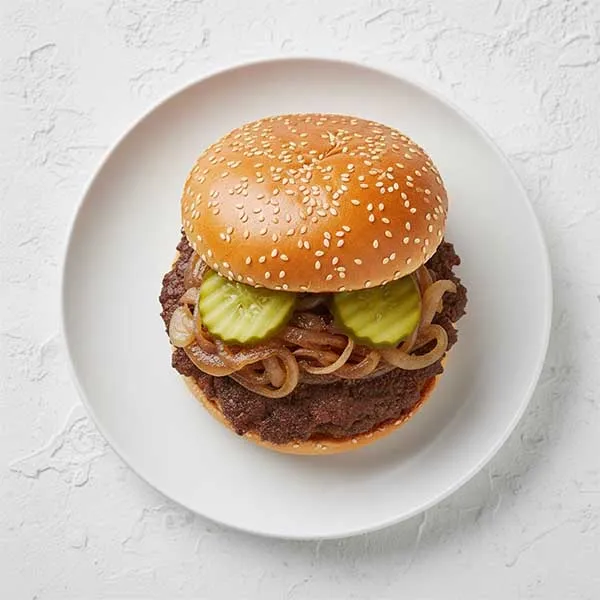 Double Smashed Beef Burger With Caramelized Onion And Gherkins